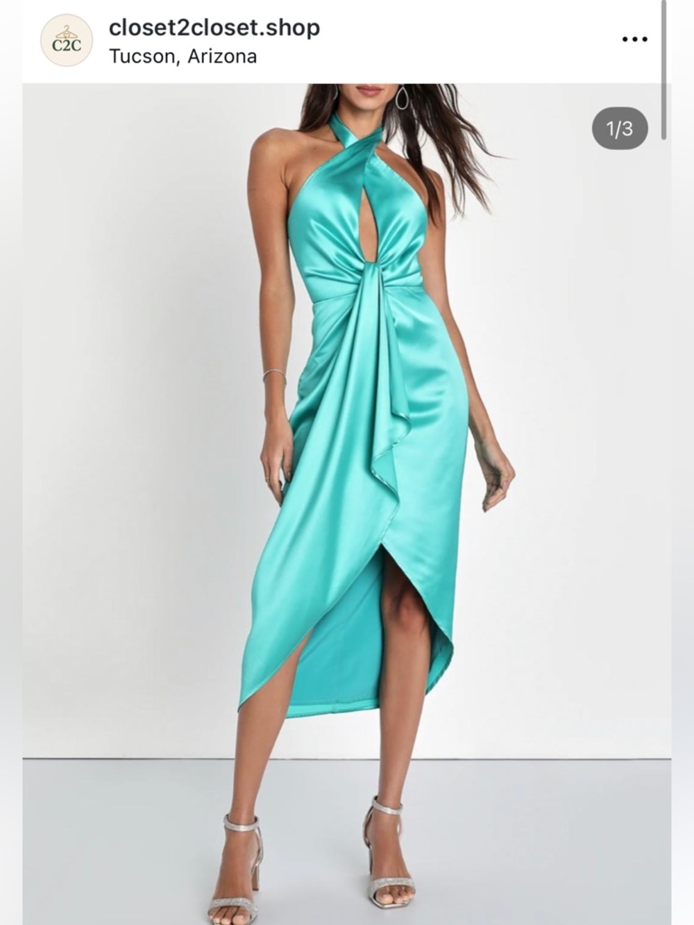 Lulu's Aqua Satin One-Shoulder Twist Midi Dress